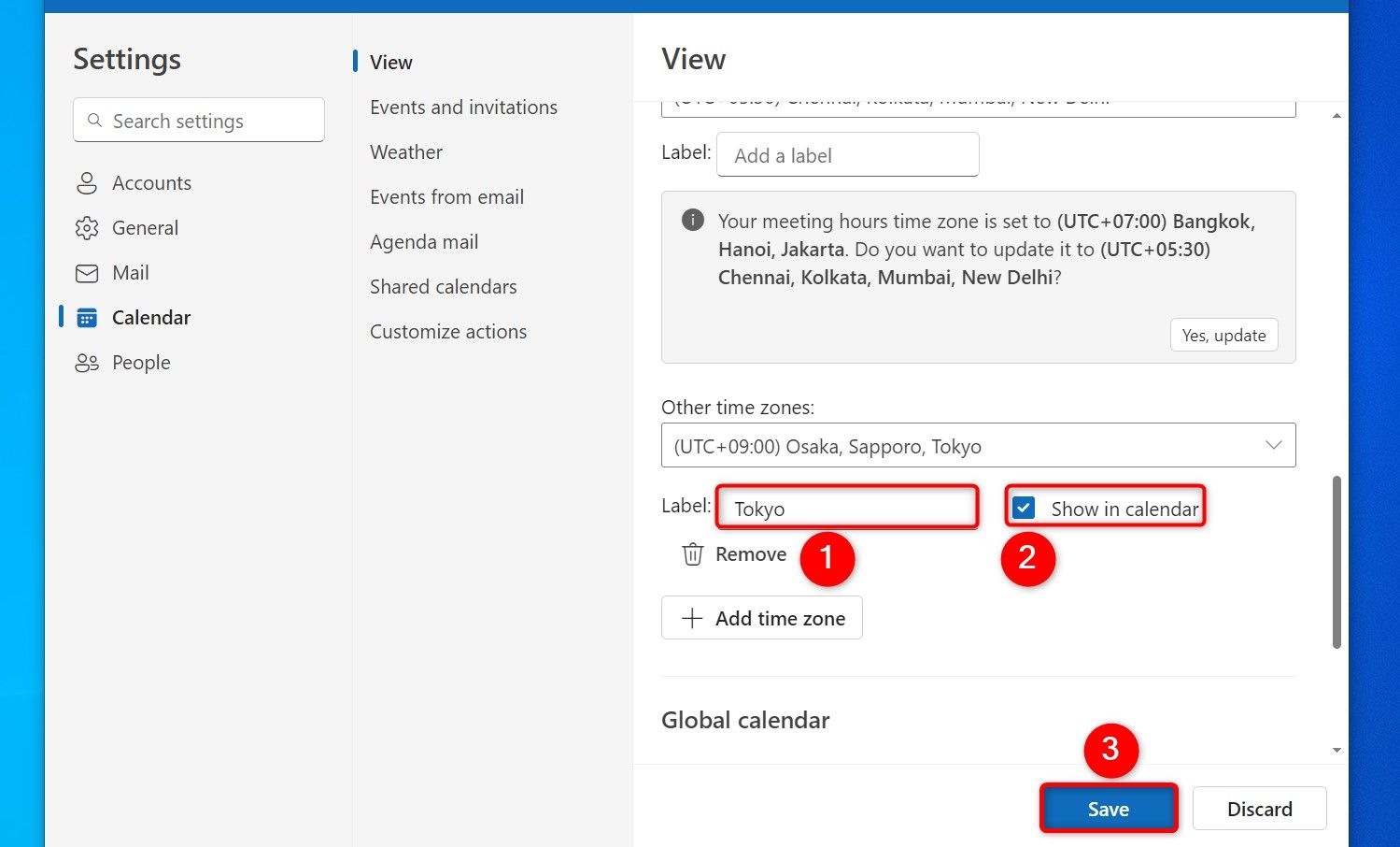 "Label," "Show in Calendar," and "Save" highlighted in Outlook Settings.