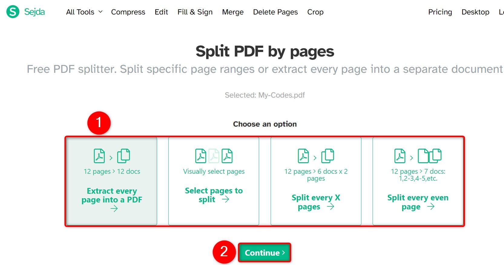 PDF split options and "Continue" highlighted on Sejda.