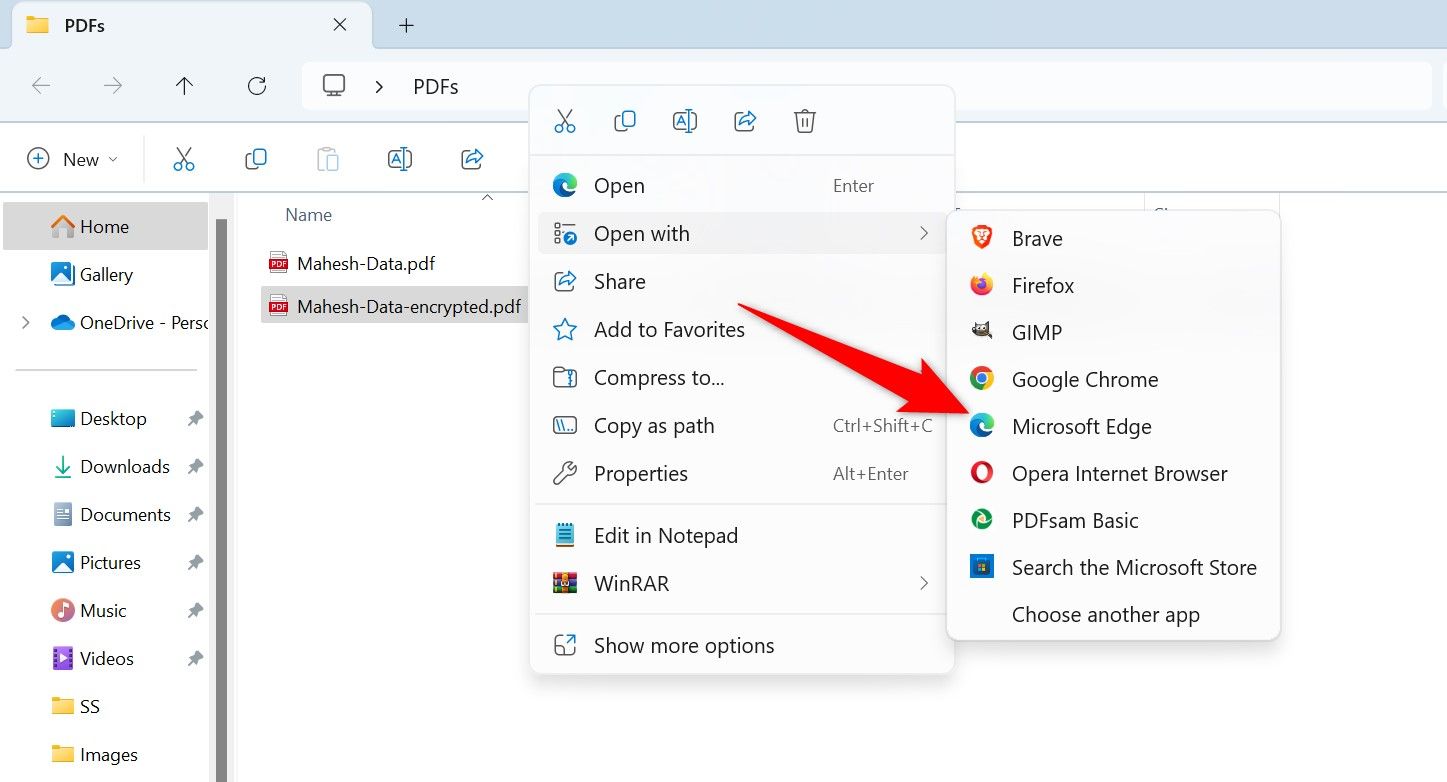 Open With > Microsoft Edge highlighted for a PDF file in File Explorer.