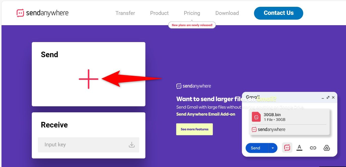 The plus sign highlighted on Send Anywhere.