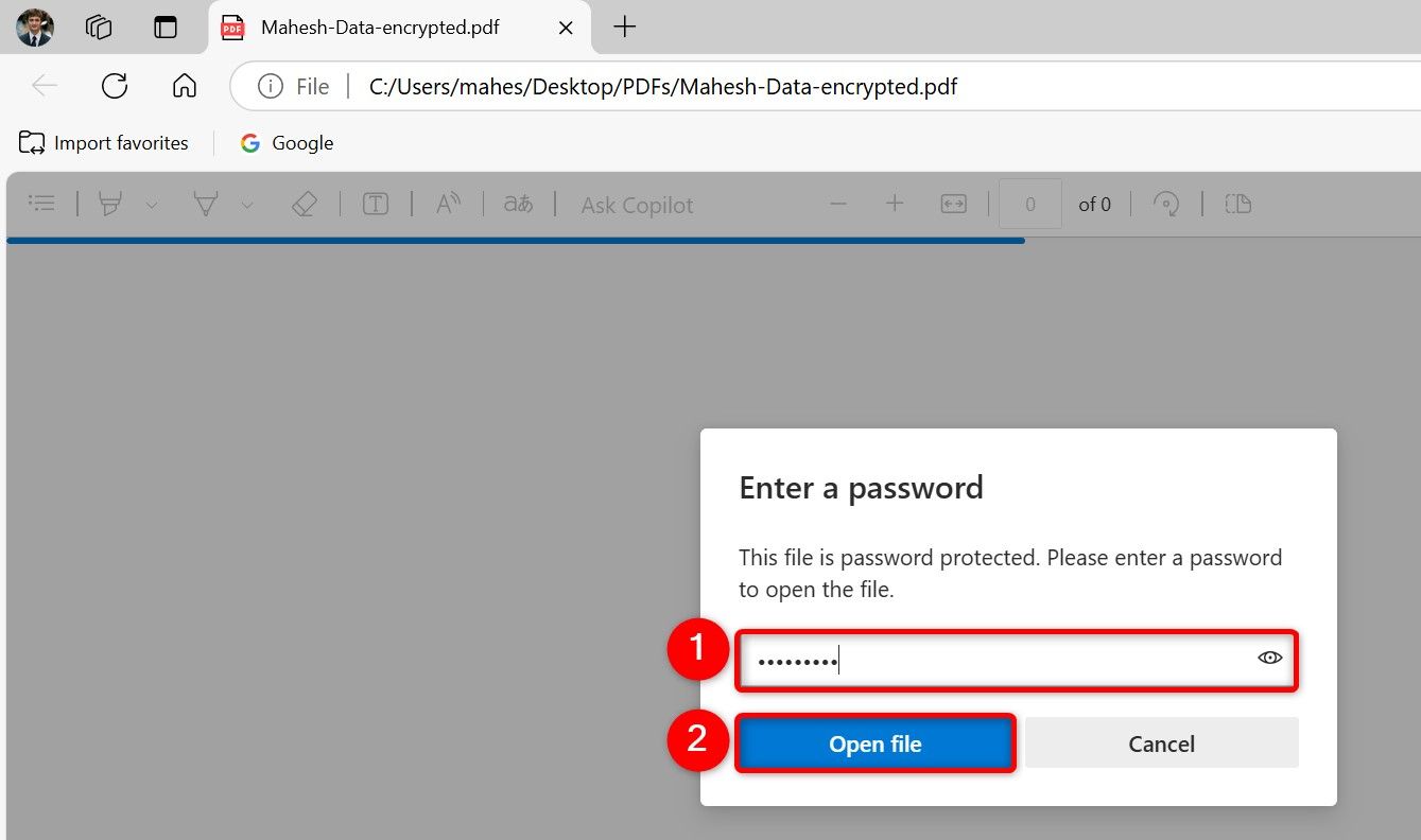 The password field and "Open File" highlighted in Edge.