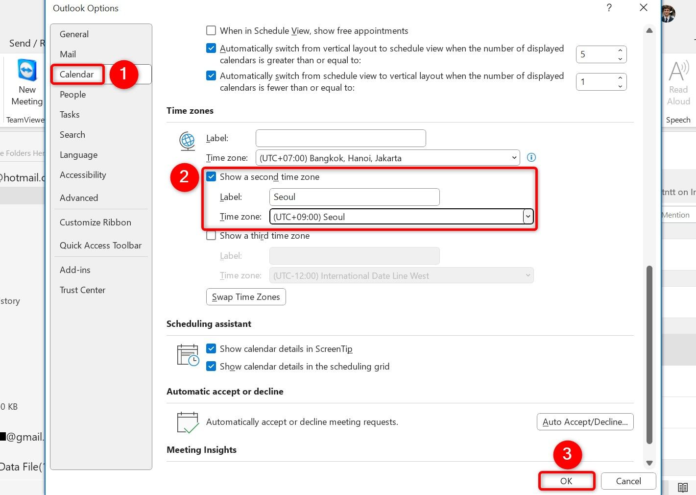 "Calendar," "Show a Second Time Zone," and "OK" highlighted in Outlook Options.