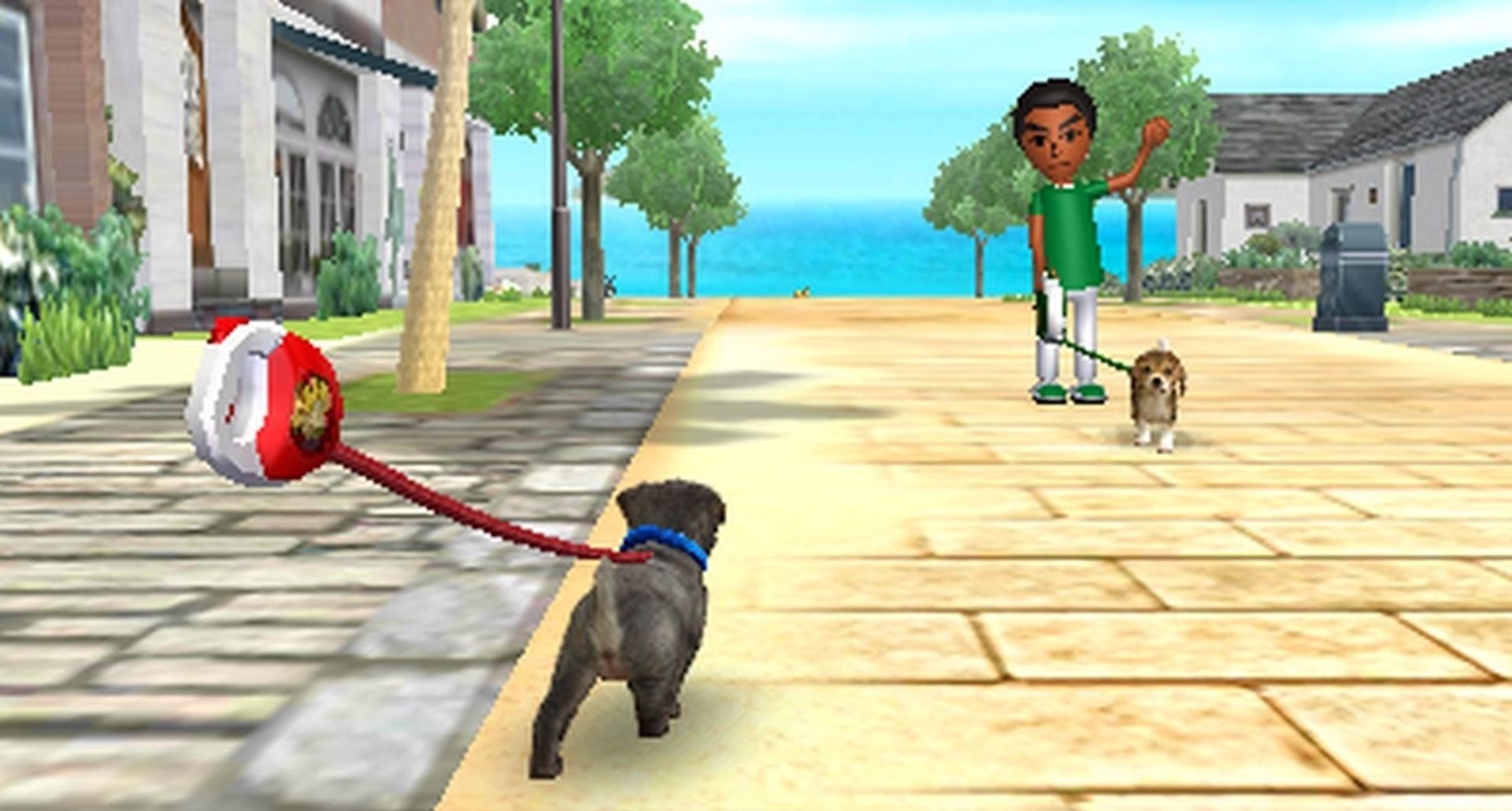 Two people walking their dogs outside in Nintendogs.