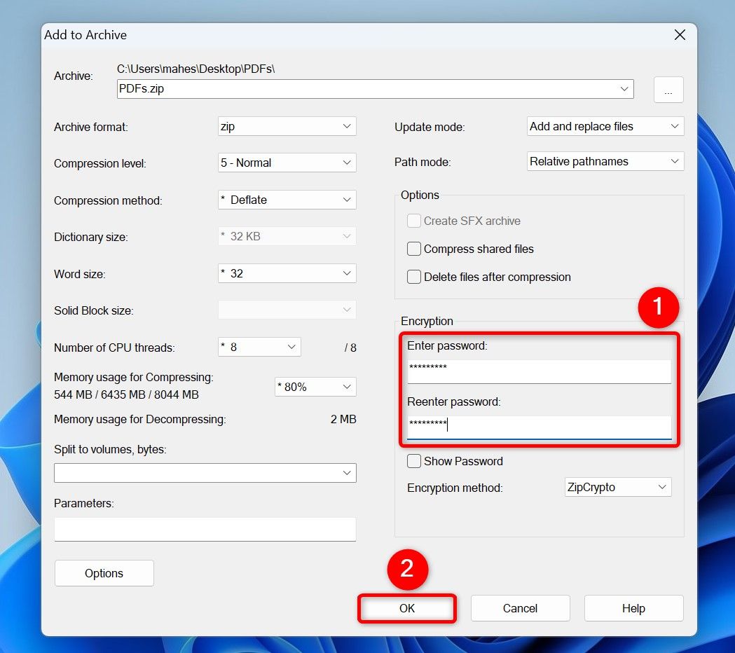 Password fields and "OK" highlighted in 7-Zip.