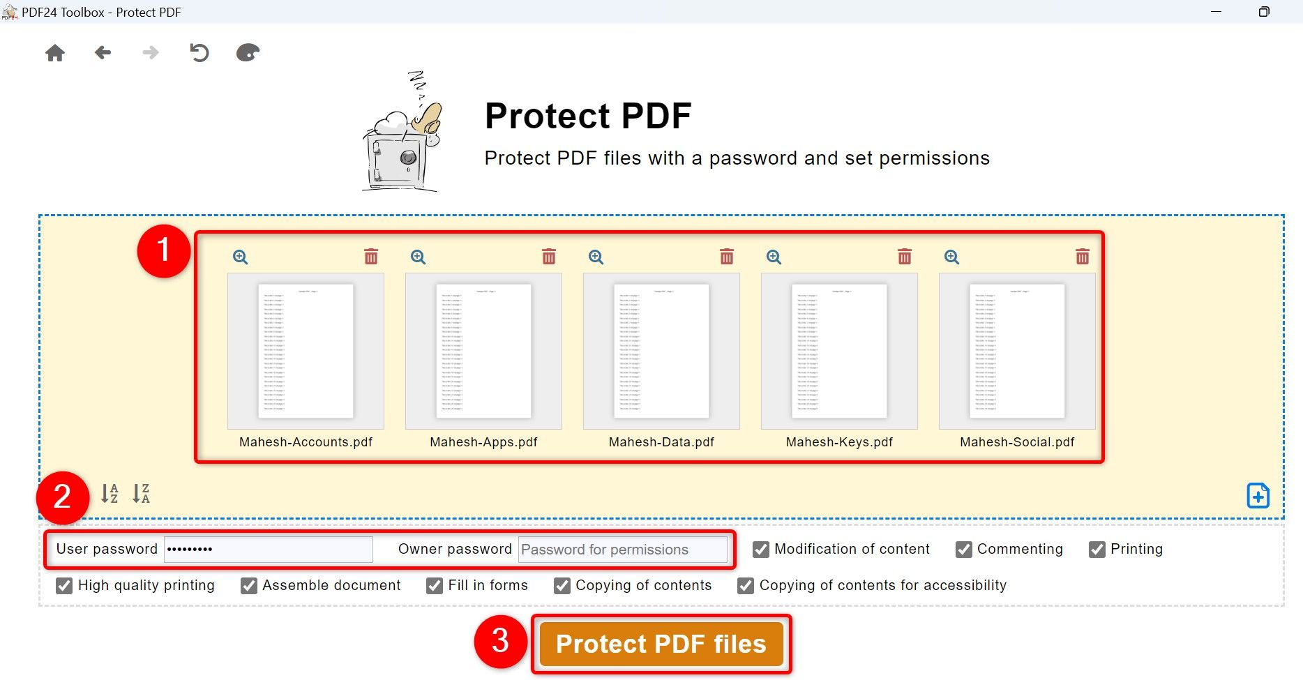 Various options highlighted to protect PDF files in PDF24.