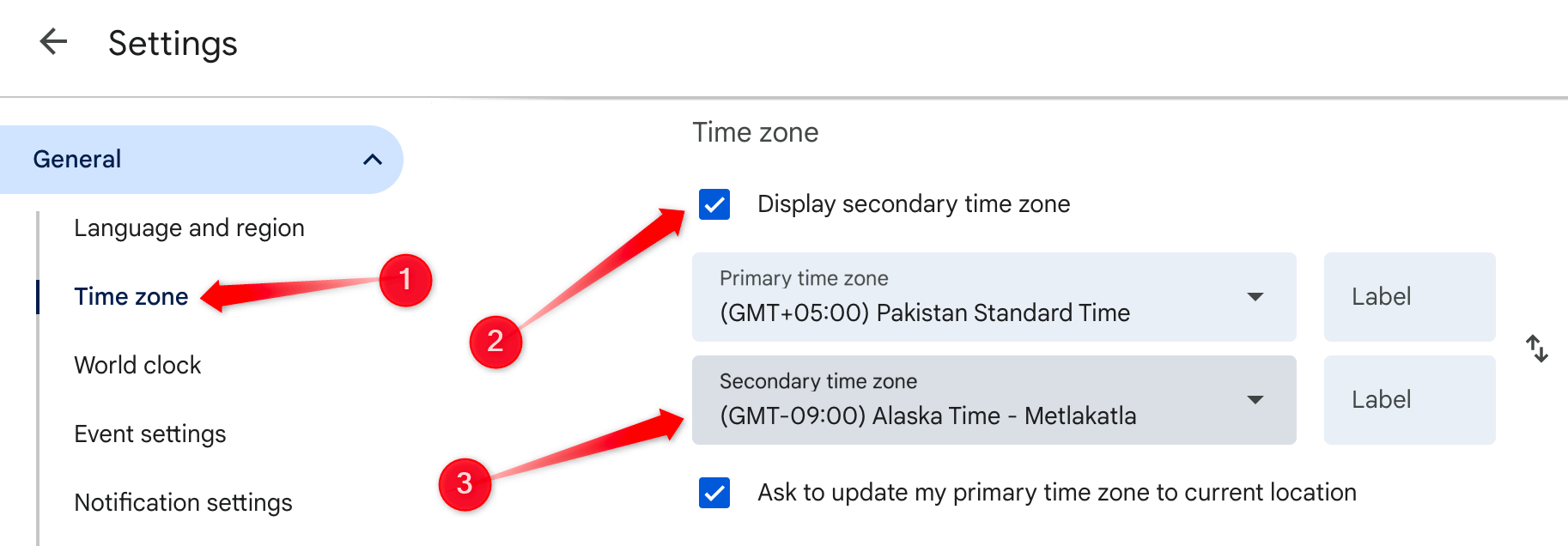 Displaying a secondary time zone in Google Calendar.