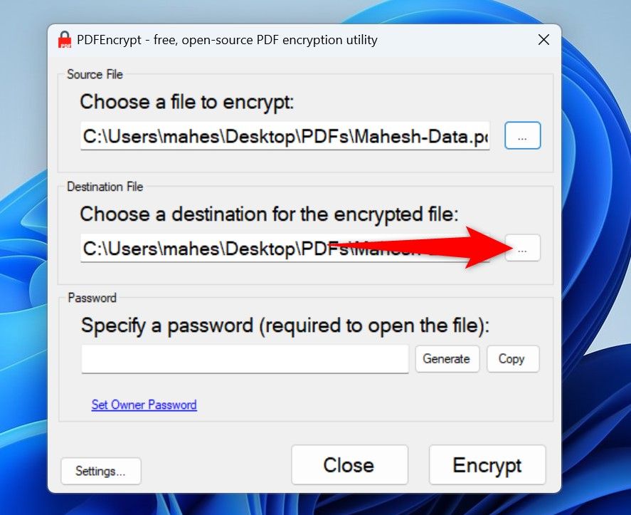 "Destination File" highlighted in PDFEncrypt.