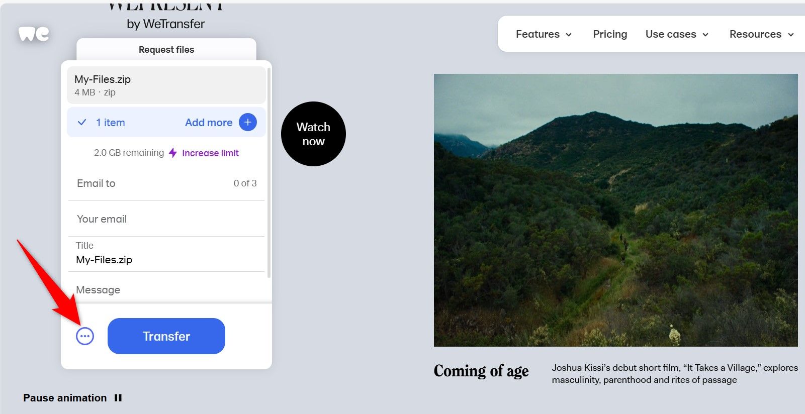 The three-dot menu highlighted on WeTransfer.