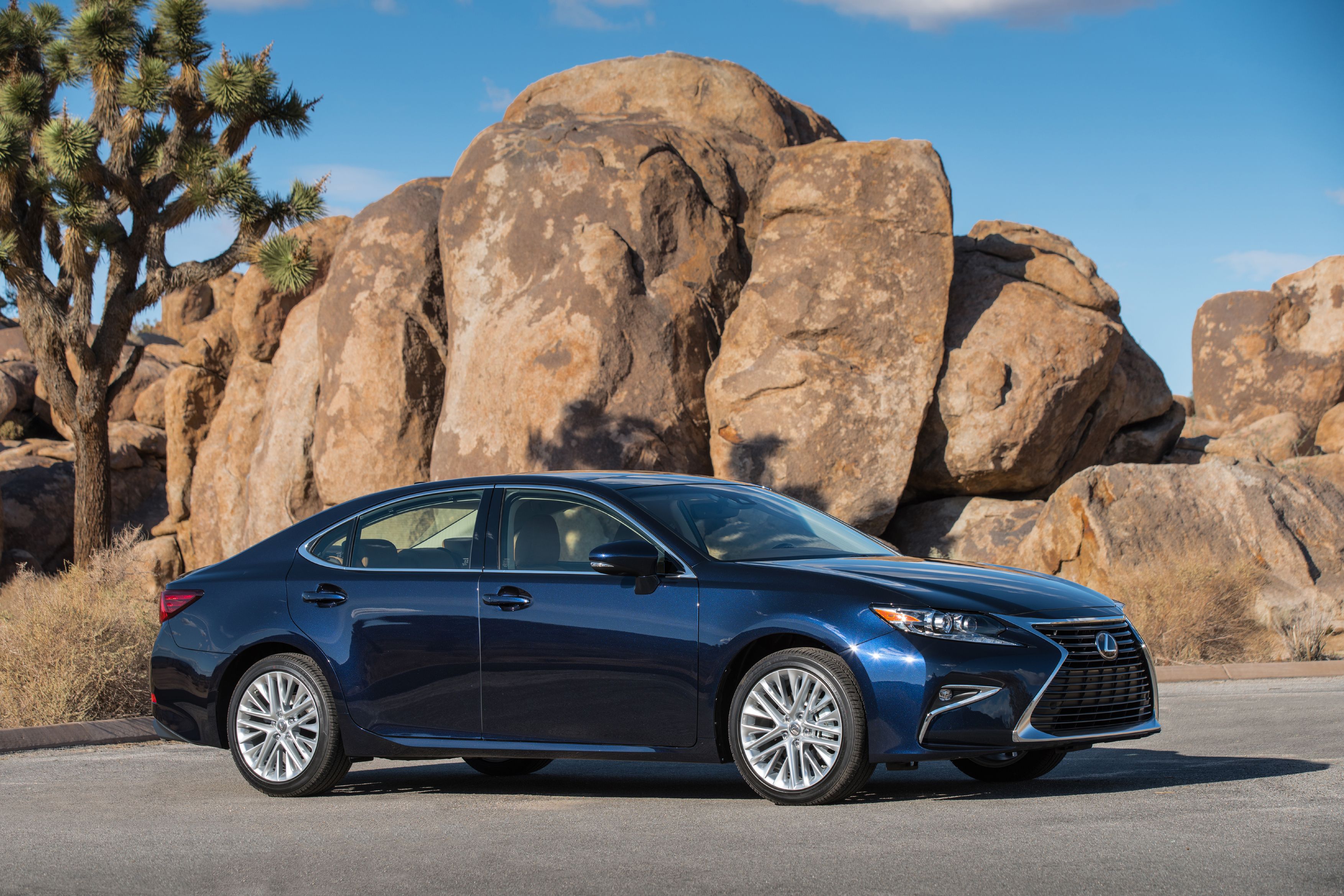 A navy blue 2018 Lexus ES 350 parked in a parking lot in front of large boulders.