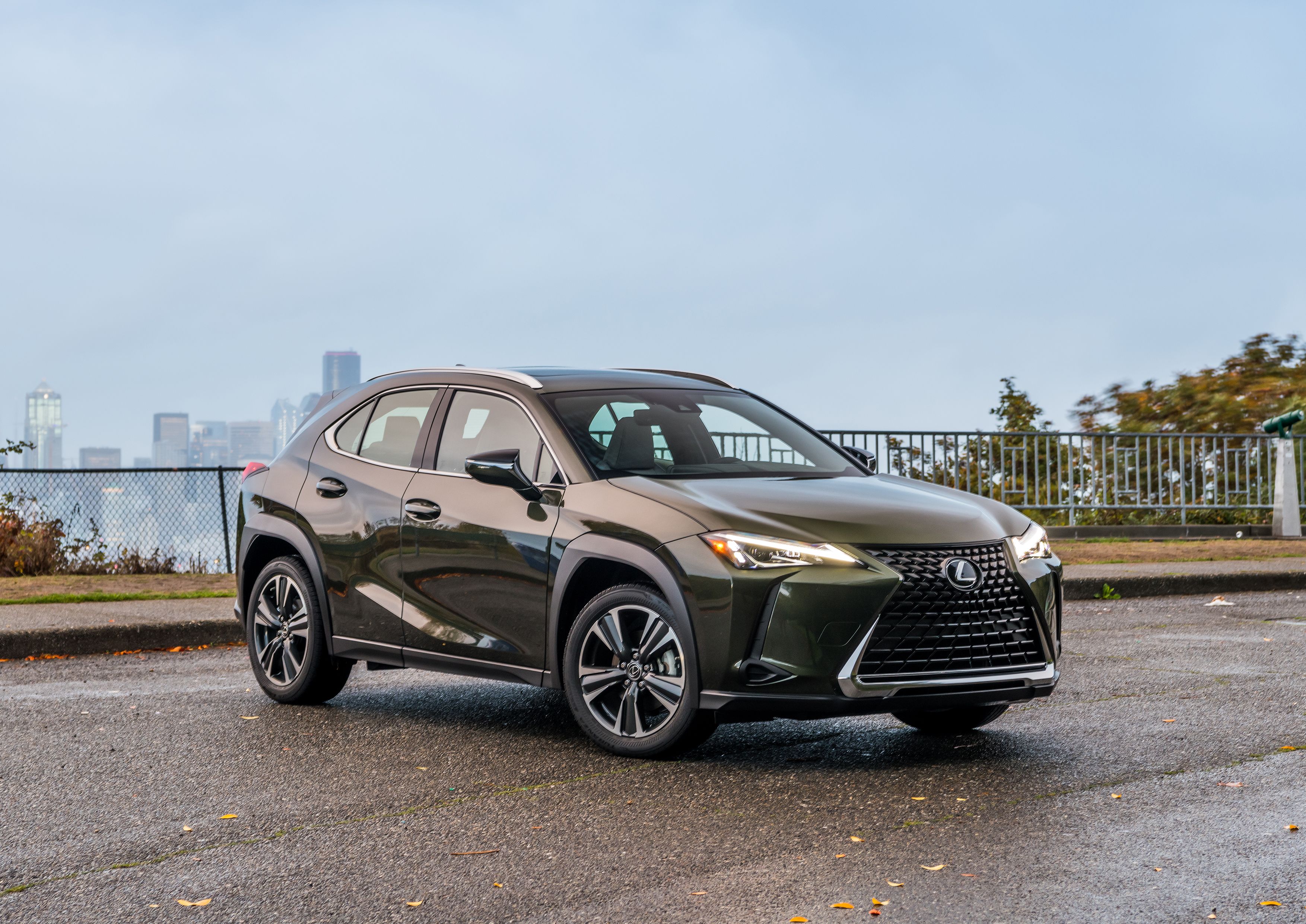 A green 2020 Lexus UX parked on an angle with the cityscape behind it.