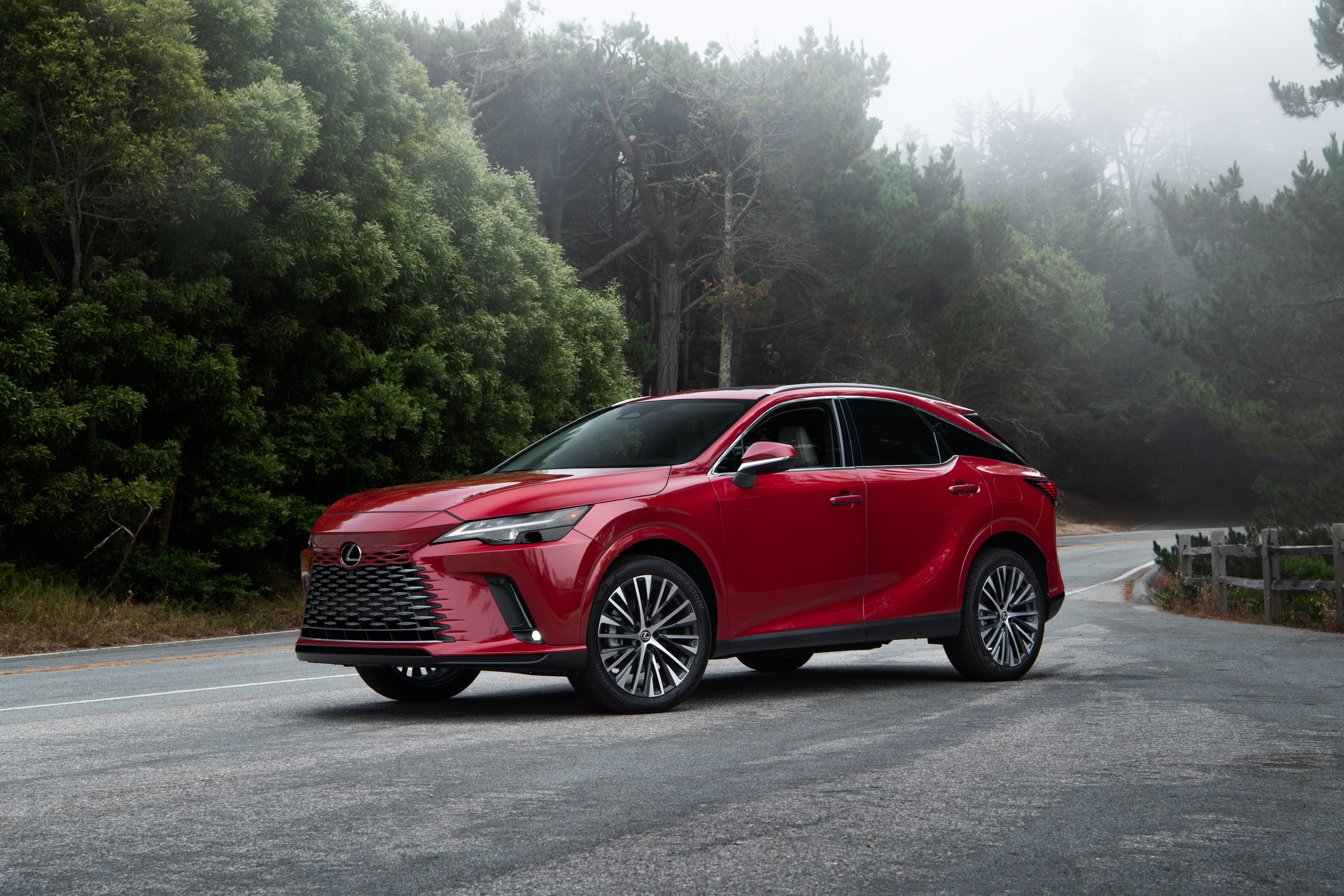 A red 2024 Lexus RX 350h parked at an angle alongside a sweeping country road.