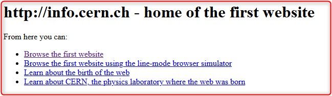 The first website on the internet, a static simple HTML page with four different hyperlinks on the main page.