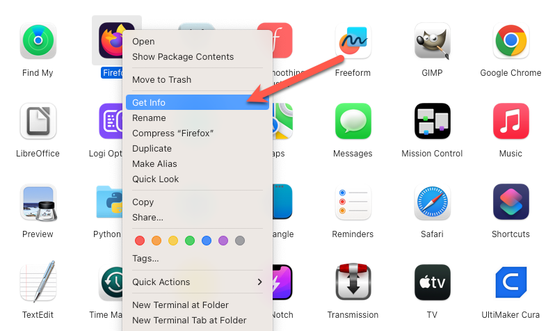 Select "Get Info" when right-clicking app.