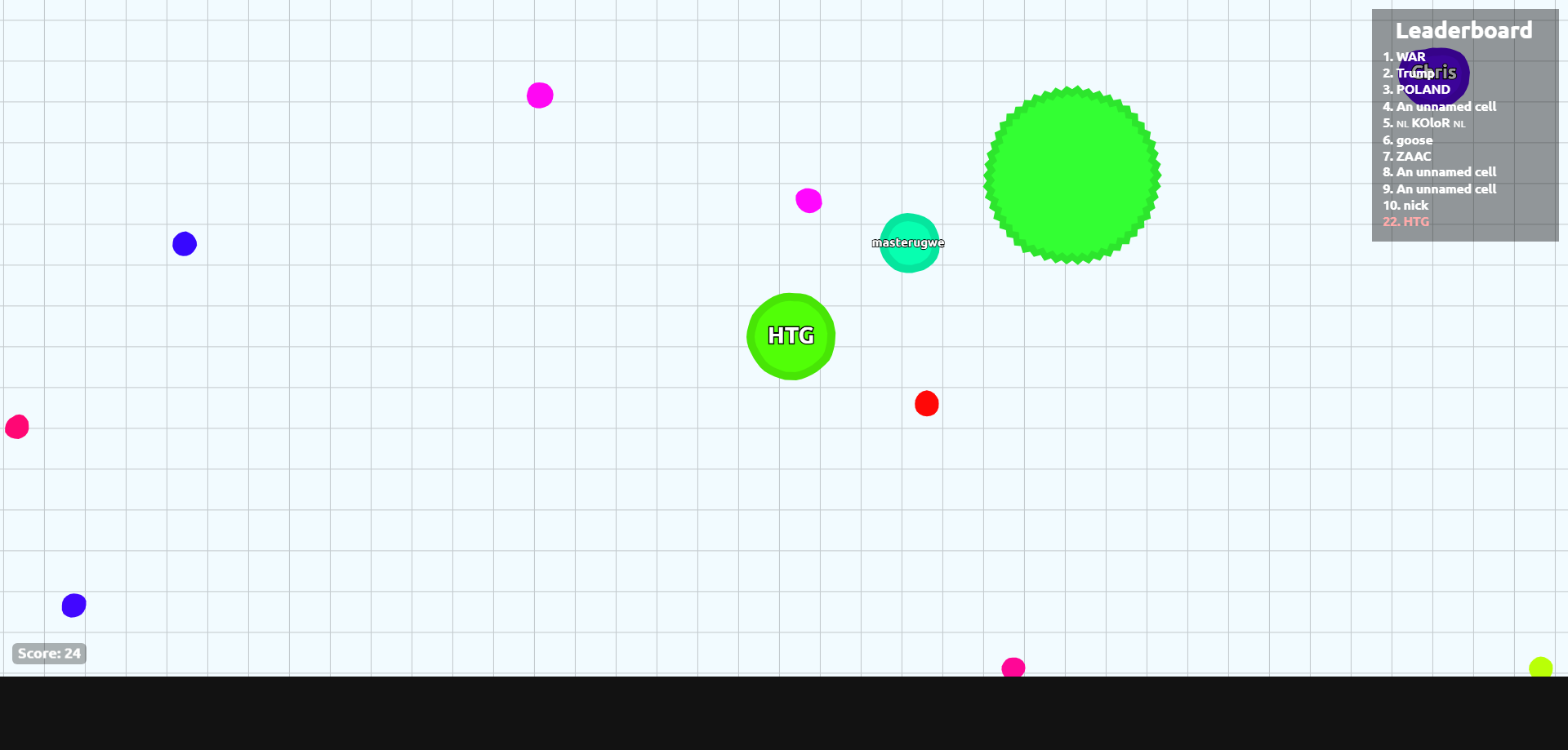 A screenshot from the browser game Agar.io.