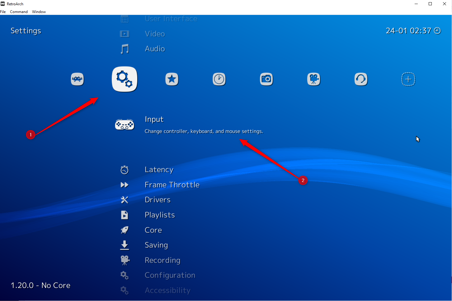 The Settings menu in RetroArch.