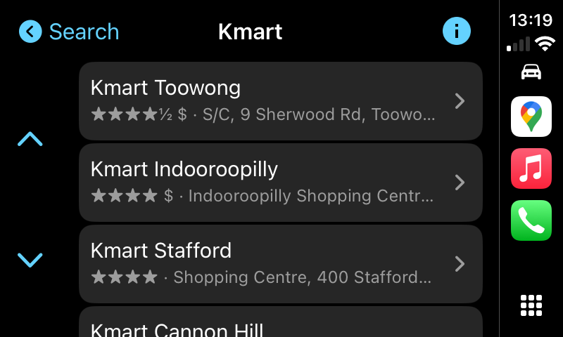 "Kmart" search in Google Maps CarPlay.