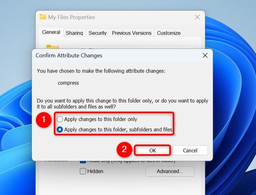 "Apply Changes to This Folder, Subfolders and Files" and "OK" highlighted on the "Confirm Attribute Changes" window.