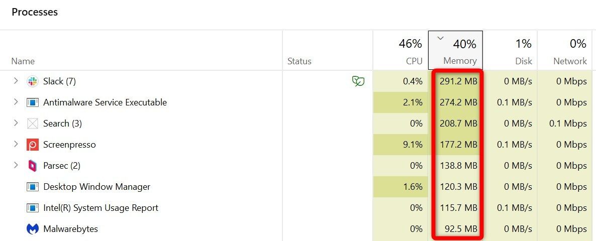 Arranging processes consuming RAM in descending order in Task Manager.