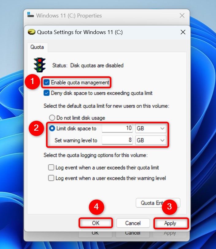 The options to enable disk quota highlighted.