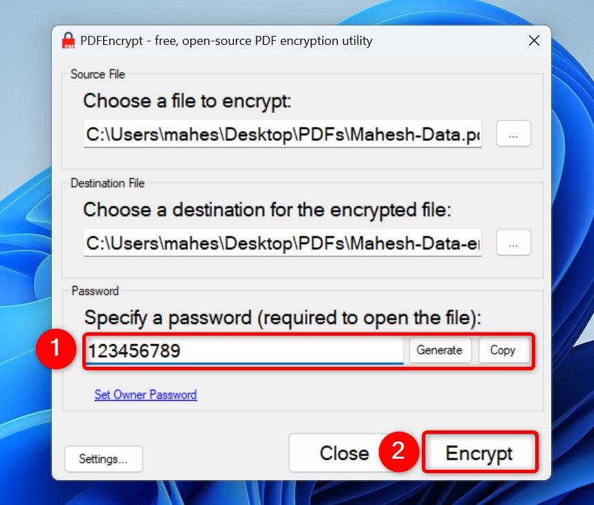 "Password" and "Encrypt" highlighted in PDFEncrypt.