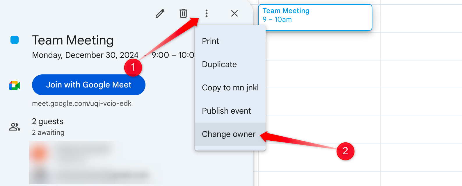 Changing the ownership of an event in Google Calendar.