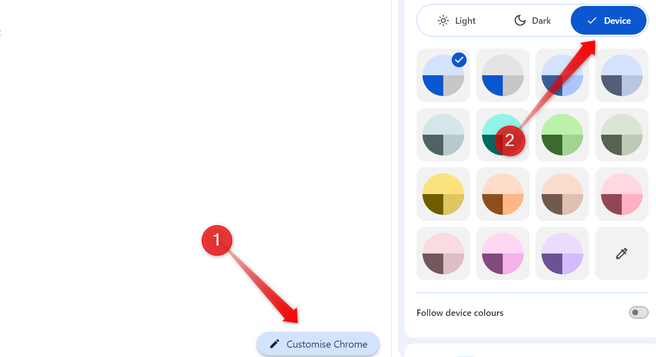 Configuring Chrome to switch between dark and light mode based on device theme.