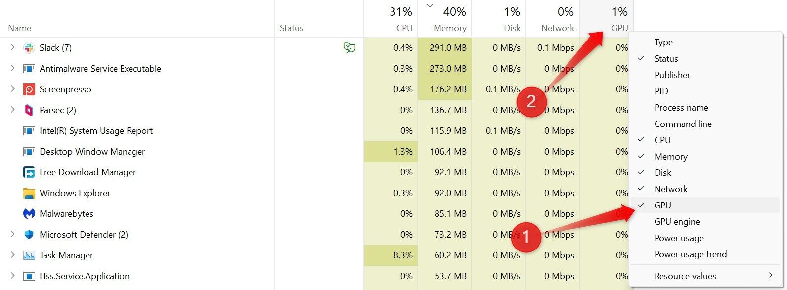 Enabling the GPU column in Task Manager.