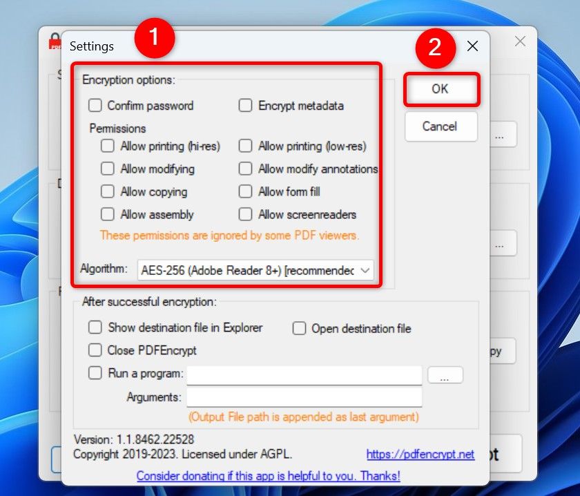 Various encryption options highlighted in PDFEncrypt.