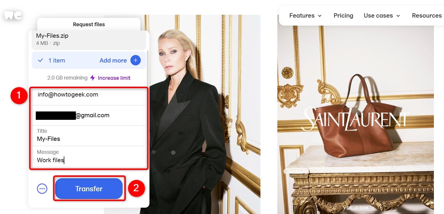 The option to email files highlighted on WeTransfer.
