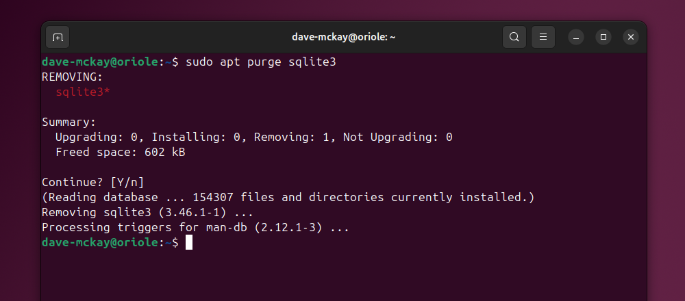 Purging the SQLite3 application.