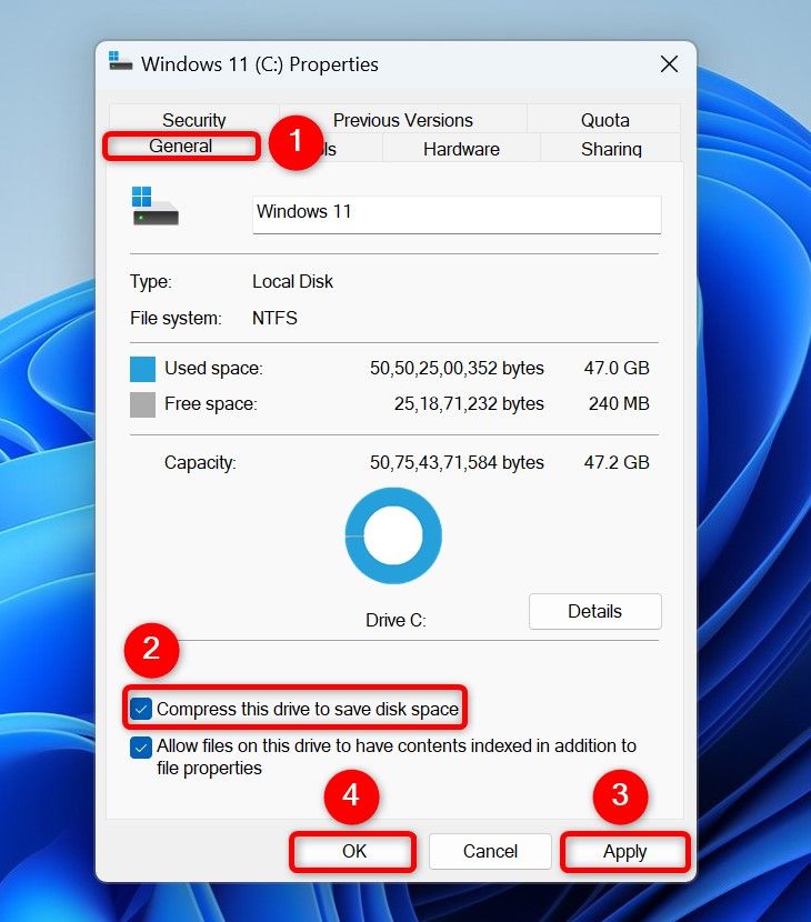 The options to enable NTFS compression for a drive highlighted on a drive's "Properties" window.