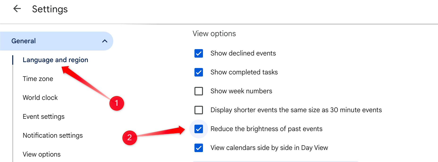 Enabling the settings to dim brightness in Google Calendar.