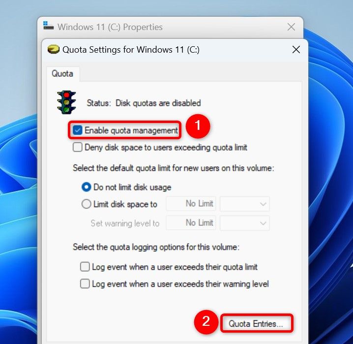 "Enable Quota Management" and "Quota Entries" highlighted on the Quota Settings window.