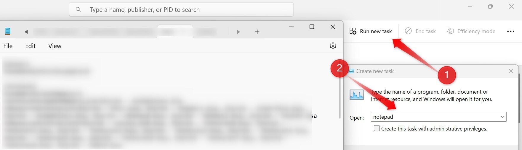 Running Notepad as a new task in Task Manager.