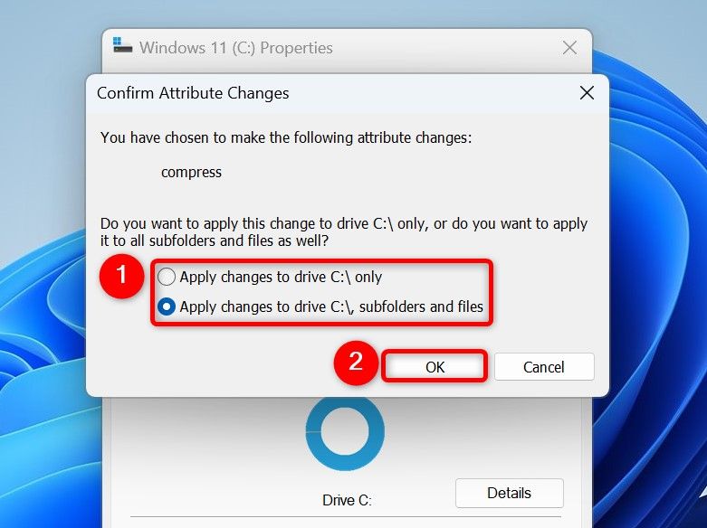 "Apply Changes to Drive X:\, Subfolders and Files" and "OK" highlighted on the "Confirm Attribute Changes" window.