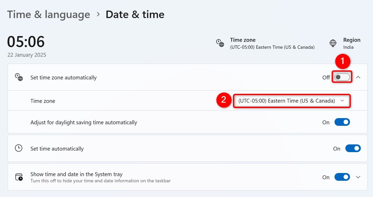 The "Set Time Zone Automatically" toggle and the "Time Zone" drop-down menu highlighted in Settings.