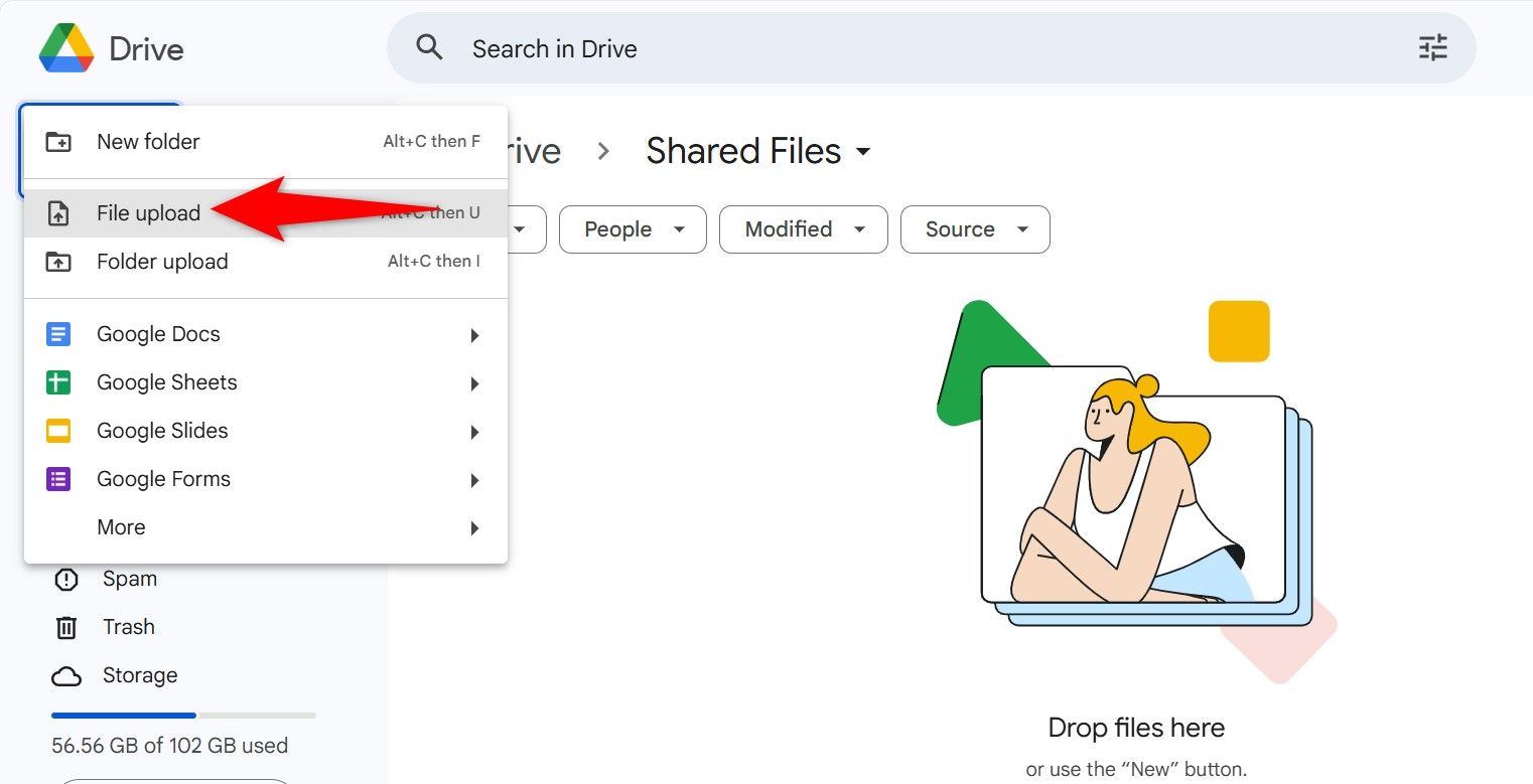 New > File Upload highlighted on Google Drive.