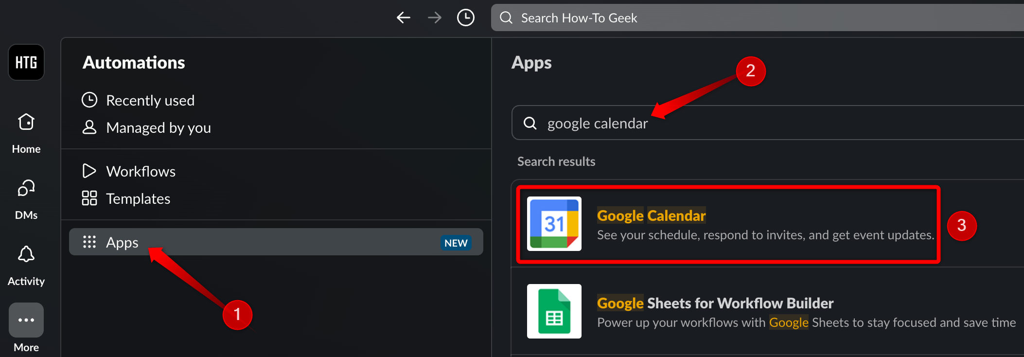 Adding Google Calendar in the Slack app.