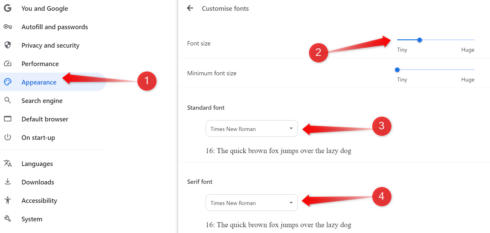 Changing the font size and style in Chrome settings.