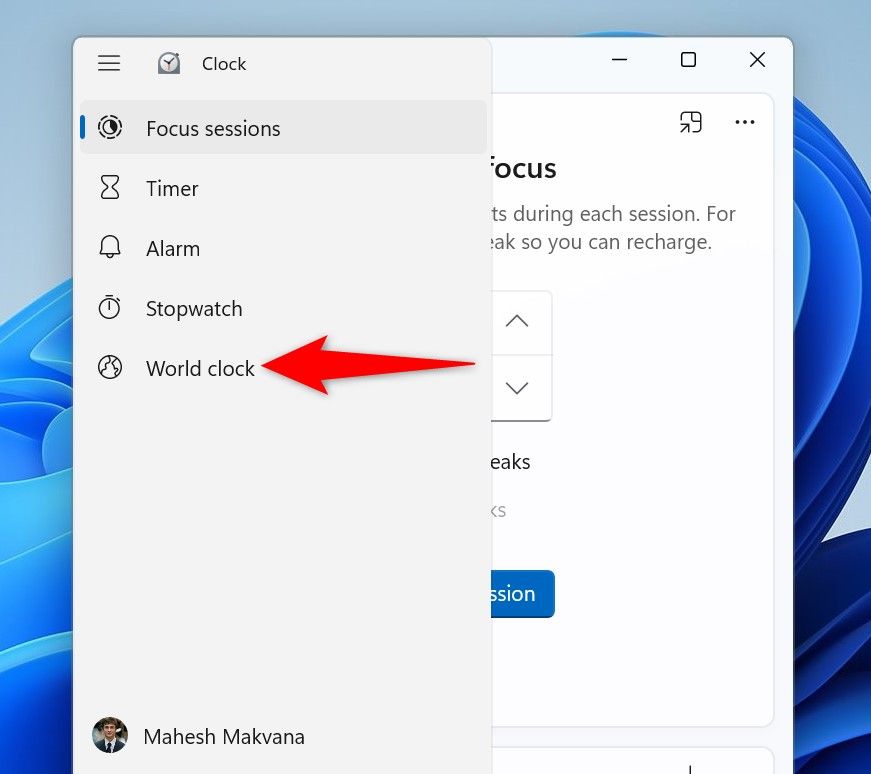 "World Clock" highlighted in Clock.