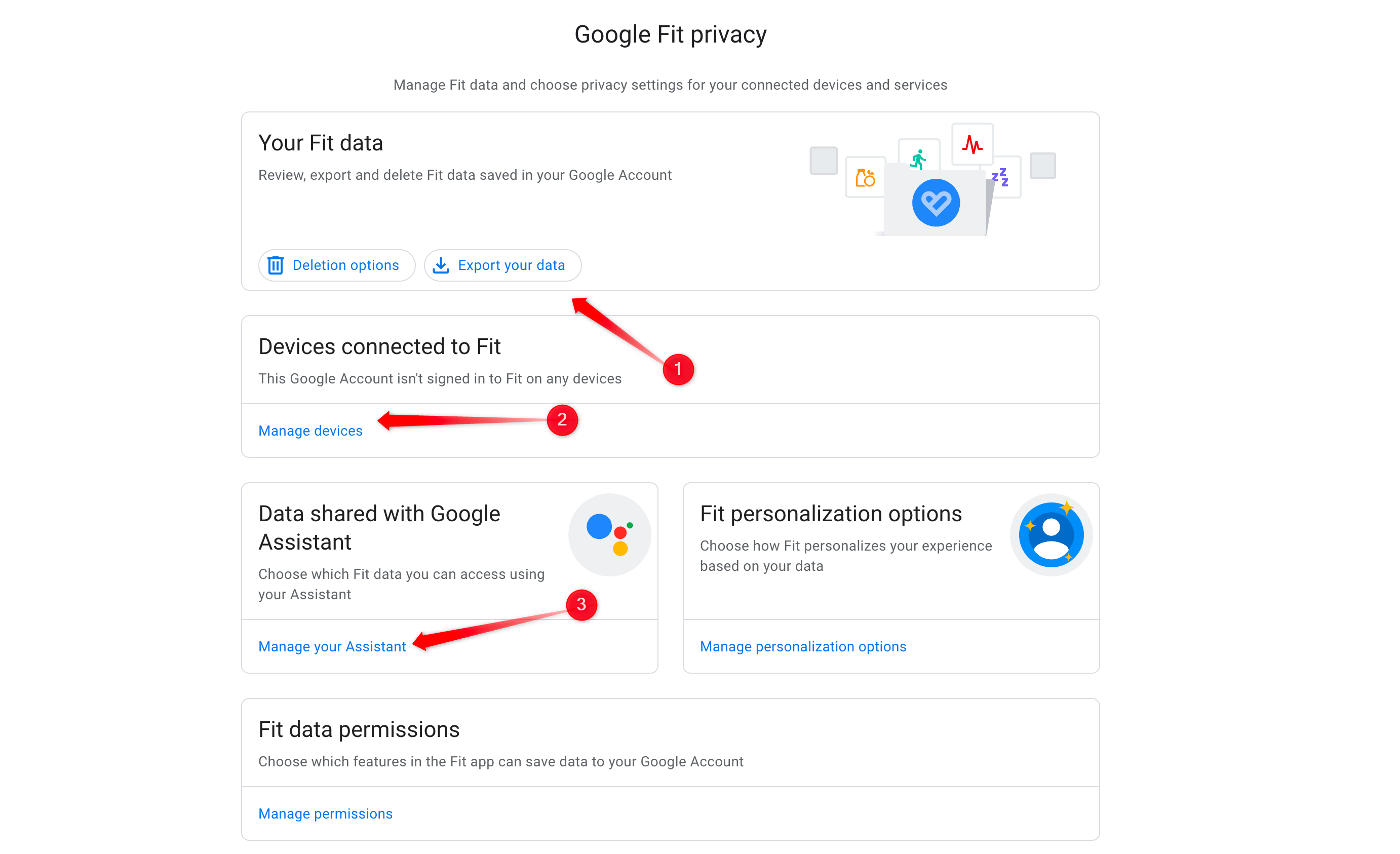 Changing the Google Fit settings in the Google account.