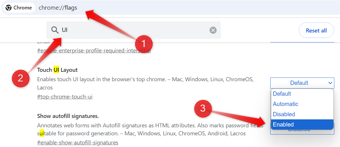 Enabling the touch UI layout flag on the Chrome flags page.