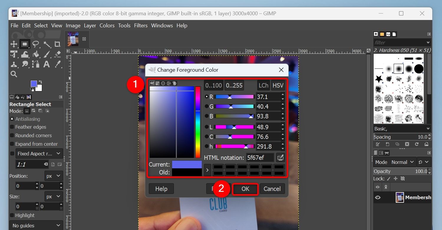 Various color options and "OK" highlighted in GIMP.