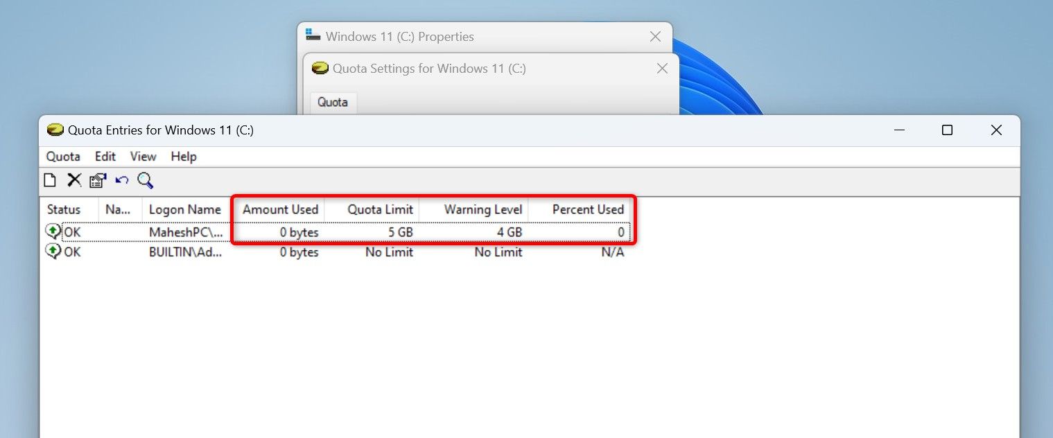 Disk usage options highlighted on the Quota Entries window.