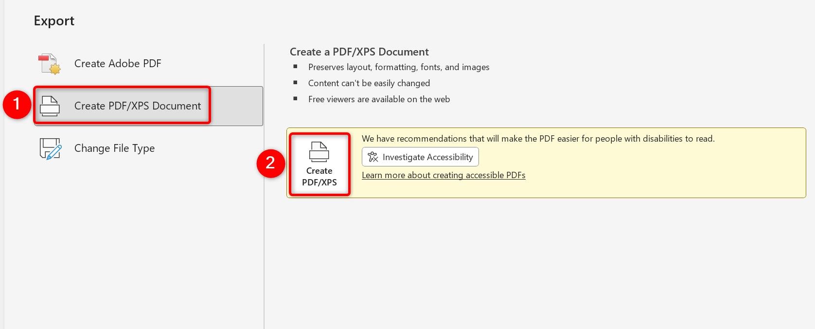 "Create PDF/XPS Document" and "Create PDF/XPS" highlighted in Word.