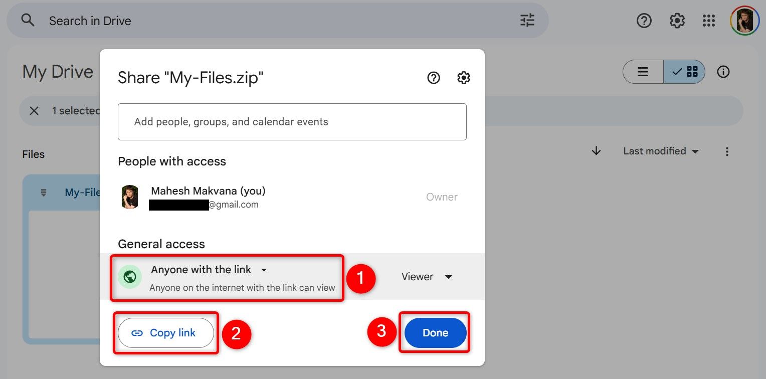 The options to get a shareable file link highlighted on Google Drive.