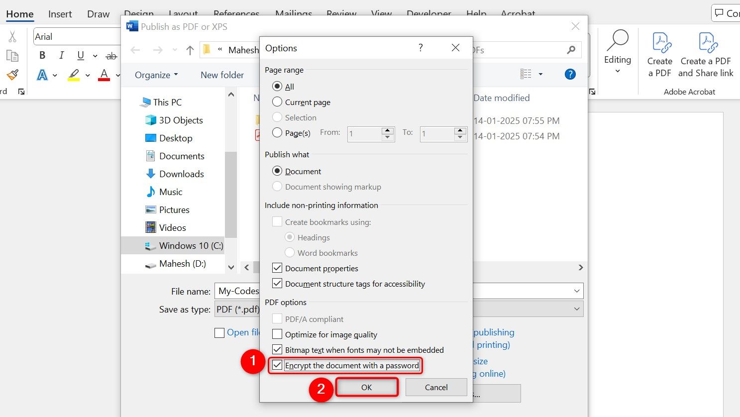 "Encrypt the Document With a Password" and "OK" highlighted in Word.