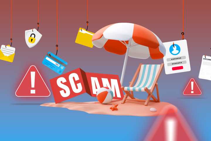 A beach chair under a parasol surrounded by hooks and warning signs, indicating a scam. (1)