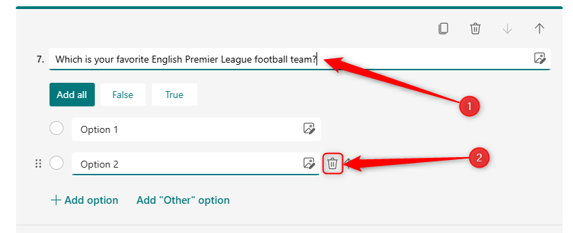 A choice question is added to the question field in Microsoft Forms, and the trash can icon next to Option 2 is highlighted.