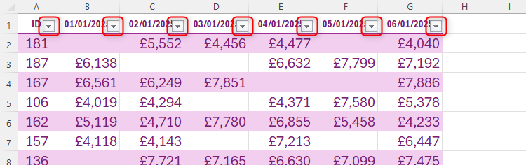 A formatted table in Excel, with the filter buttons across row 1 highlighted.